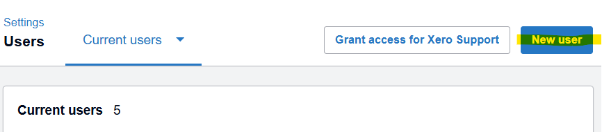Screenshot of the New User button the User Settings area of Xero