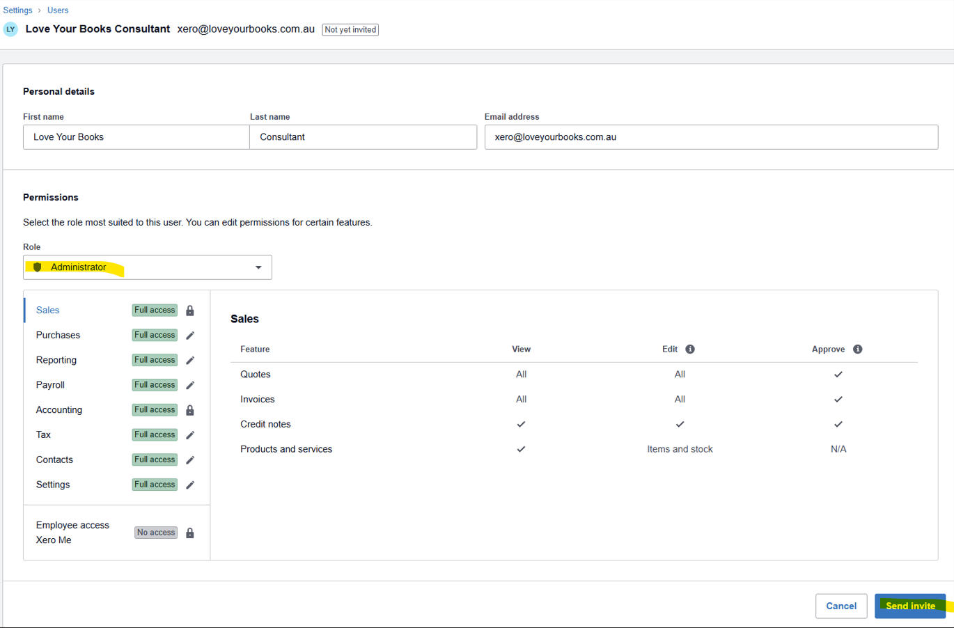 Screenshot of the settings required to invite an administrator to your Xero file