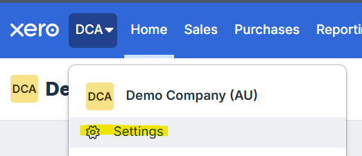 Screenshot of the Xero settings menu location