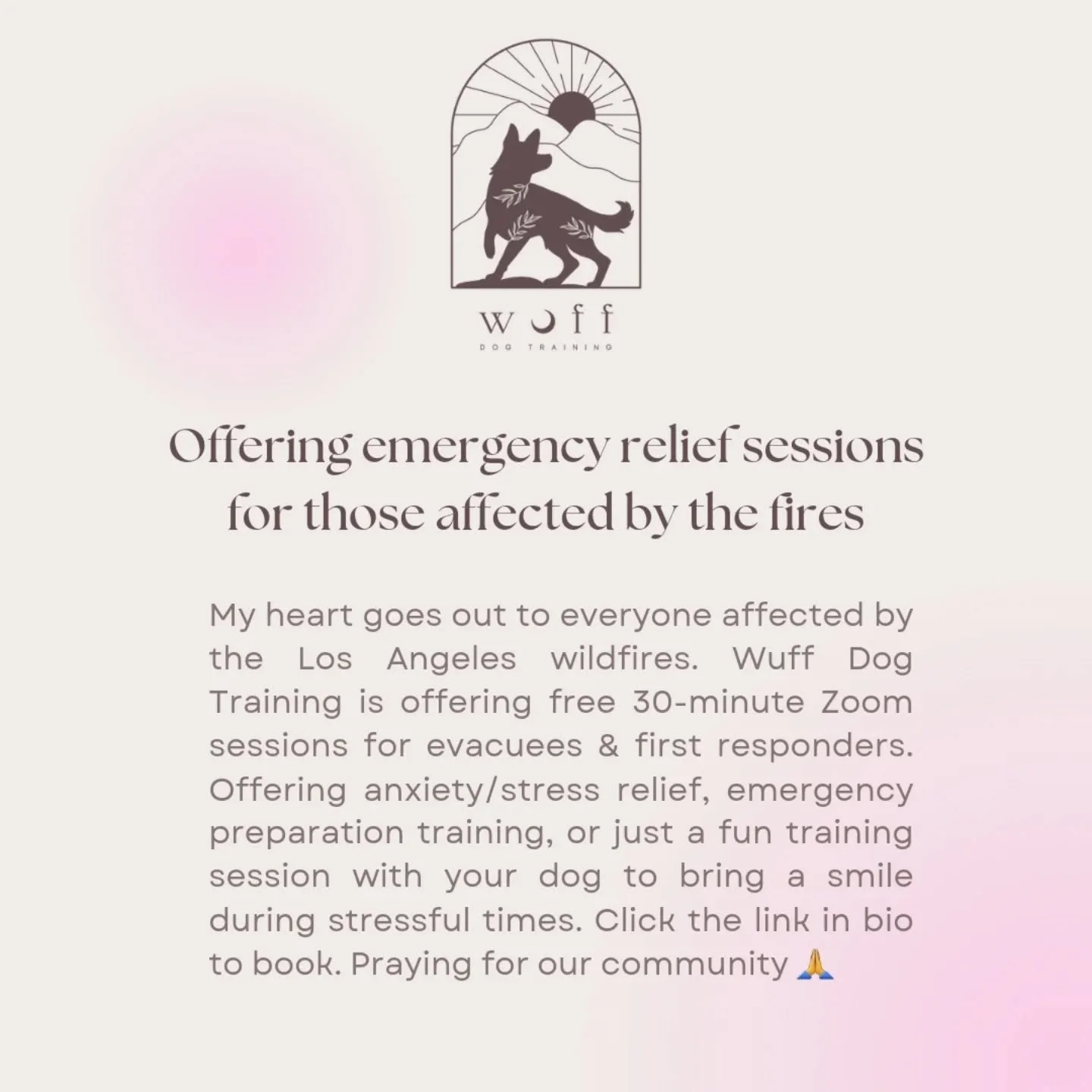 offering free emergency relief sessions for those affected by the fires. booking link in bio &ndash; please feel free to share with anyone who could use this resource. i am sending so much love to those who have lost their homes or are in a state of 