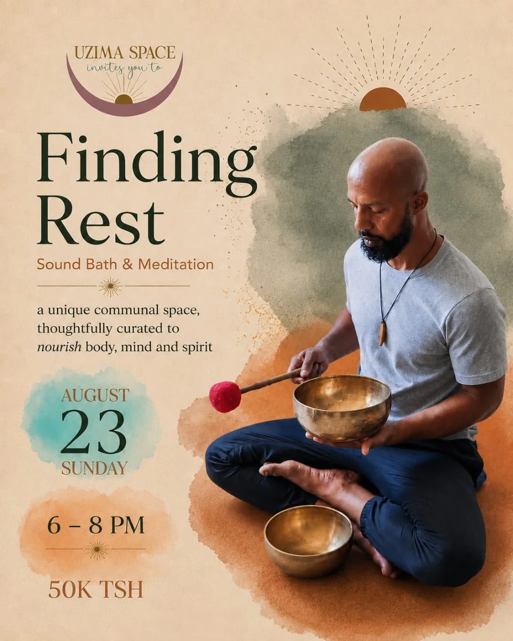 Flyer for the event Finding Rest, a Sound Bath & Meditative 2hours workshop