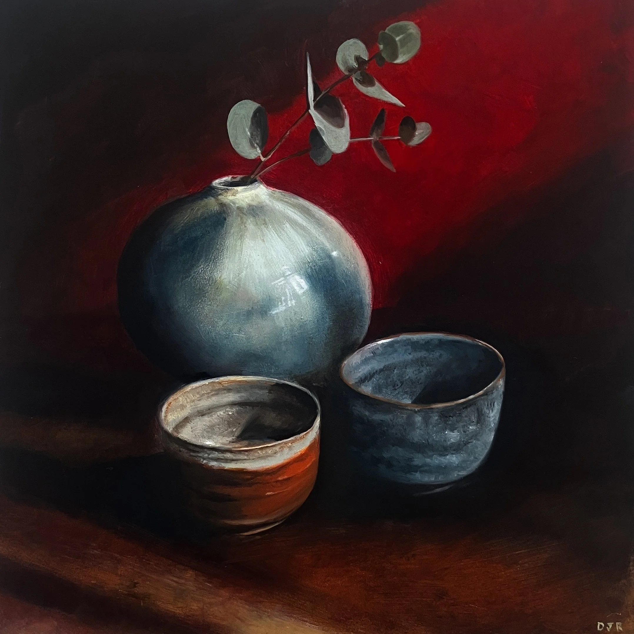 Moon Jar And Eucalyptus. Oil on cradled panel. 12x12 inches. £300