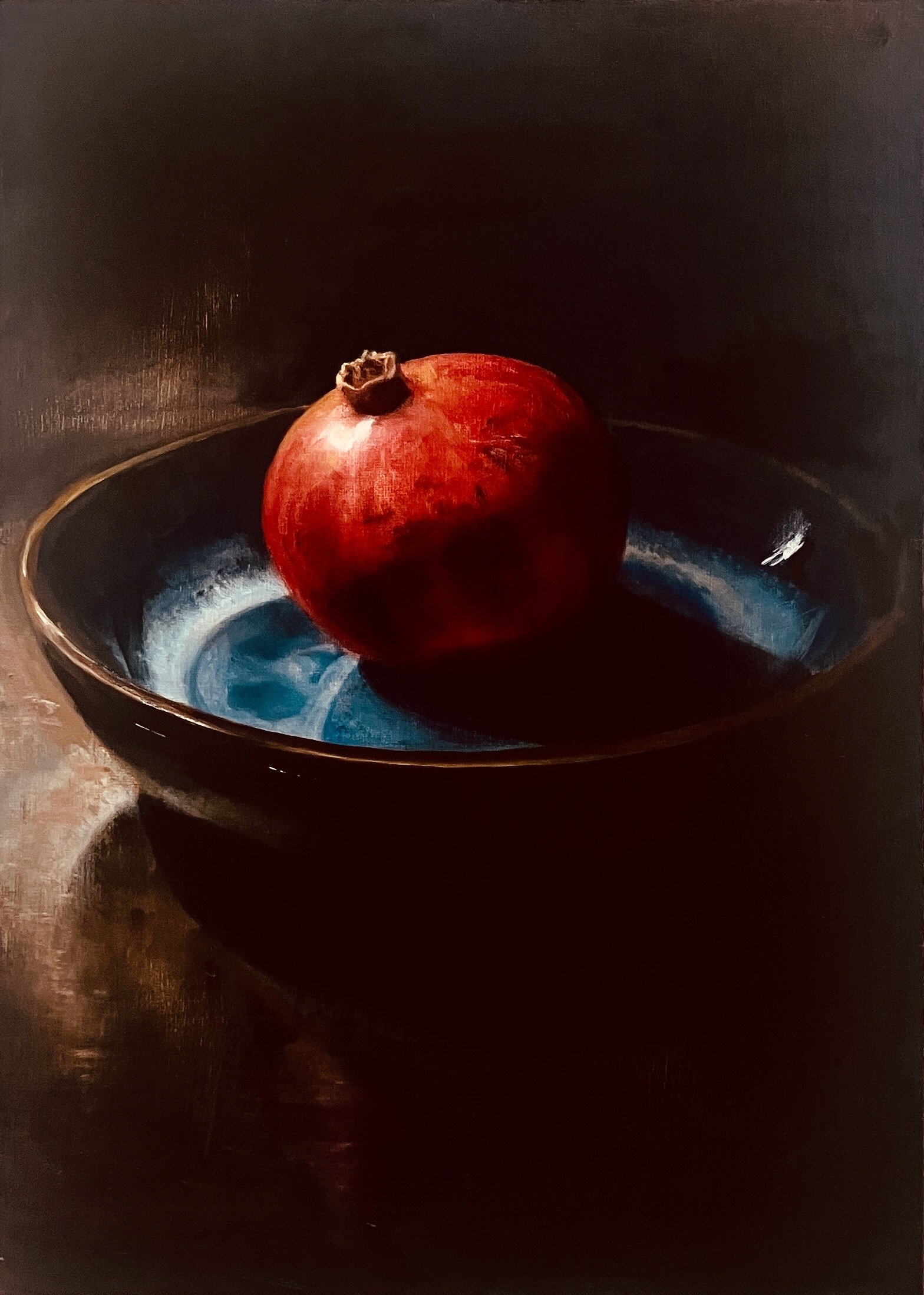 Pomegranate In A Blue Bowl. Oil on board. 10 x 14 inches. £400
