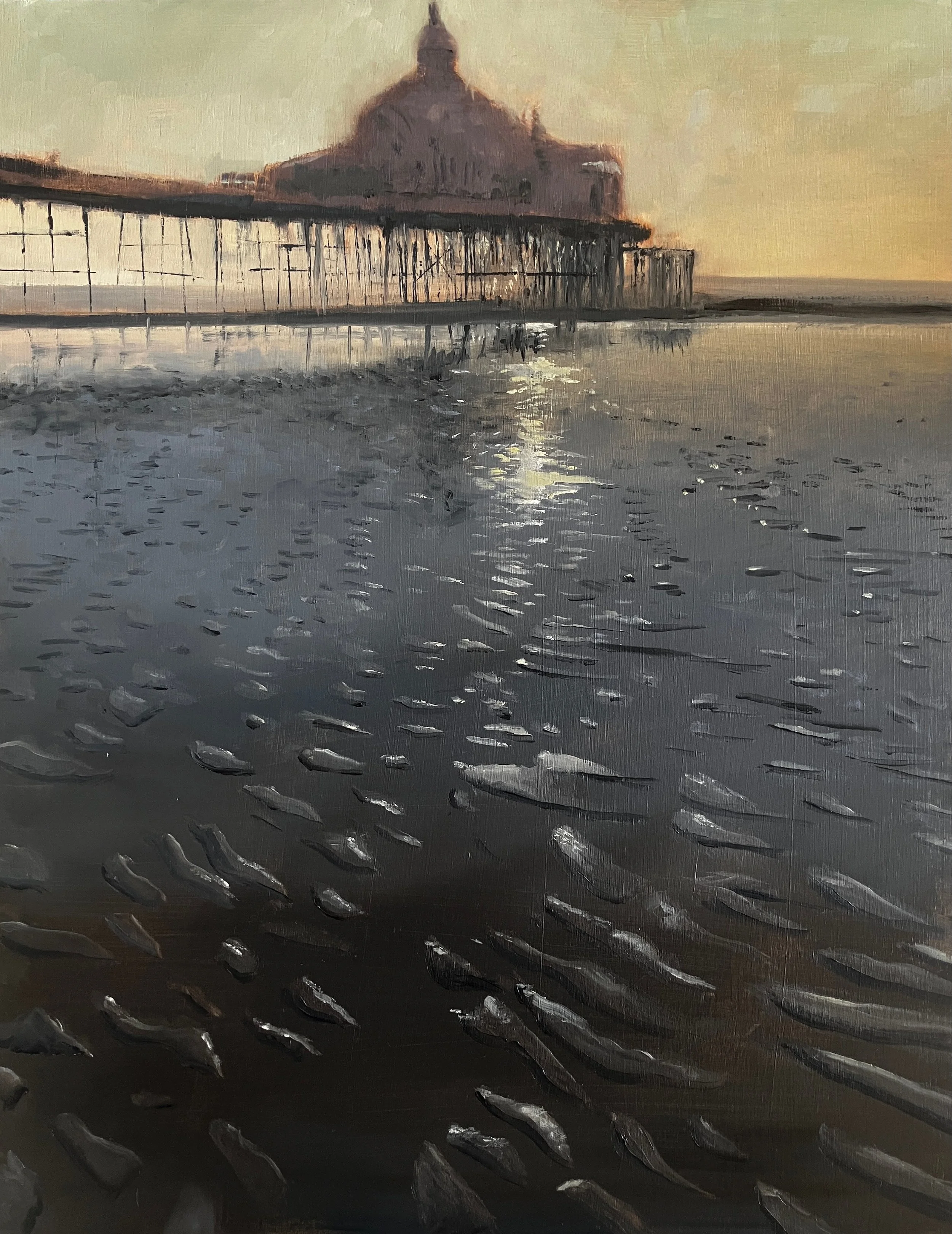 Eastbourne Pier At Low Tide. Oil on board. 14x18 inches. £300