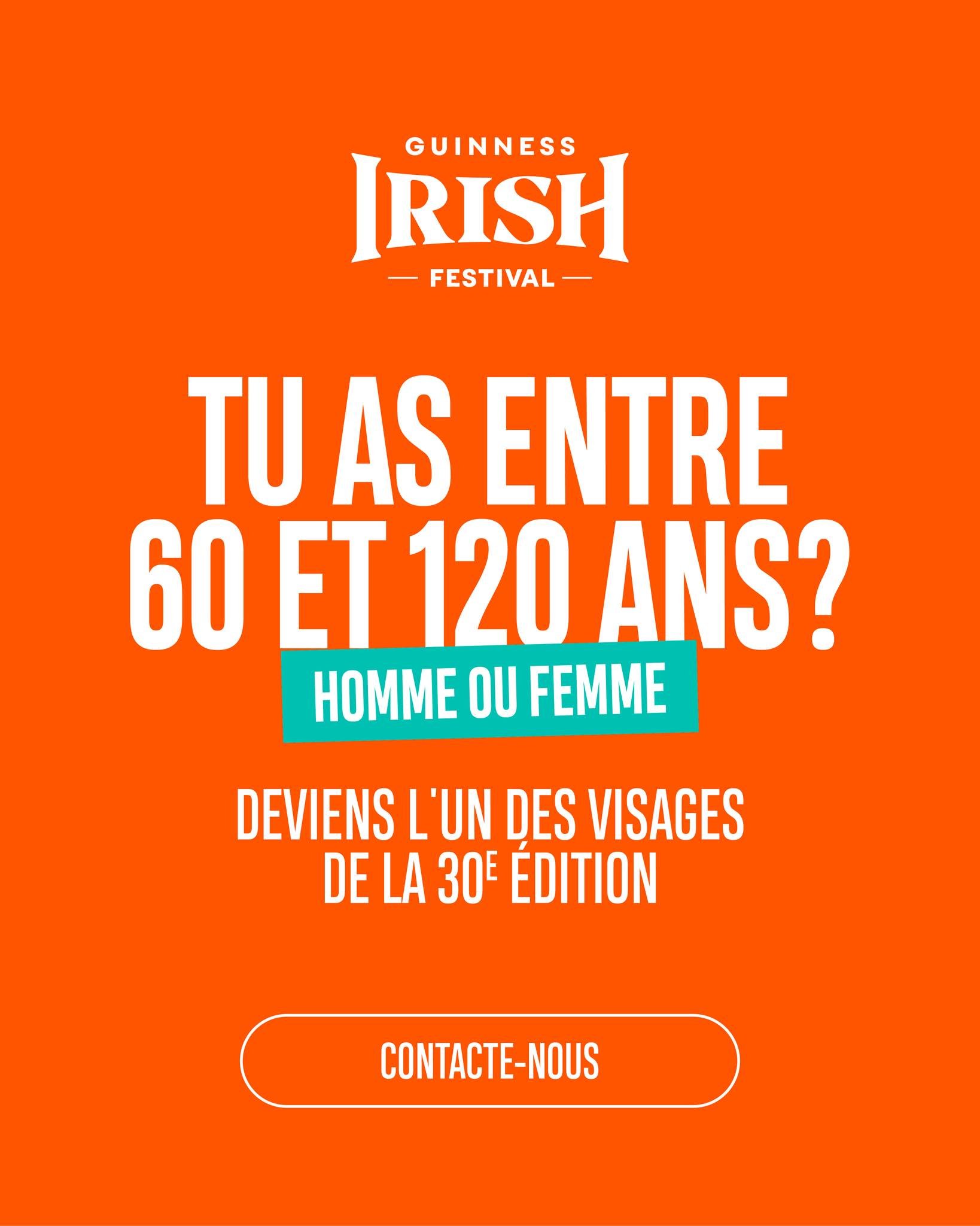 🍀 Cette ann&eacute;e, on met &agrave; l&rsquo;honneur celles et ceux qui font vibrer le festival&hellip; &agrave; tout &acirc;ge.
Tu as 60+ ? Rejoins l&rsquo;aventure et deviens un visage de la campagne du Guinness Irish Festival.

Envoie un portrai