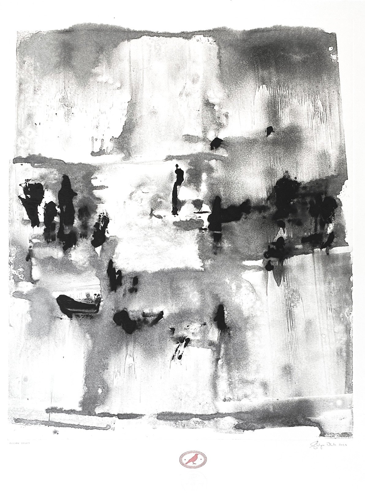 Abstract ink works with expressive black marks, layered textures and gestural mark-making on a white ground. 