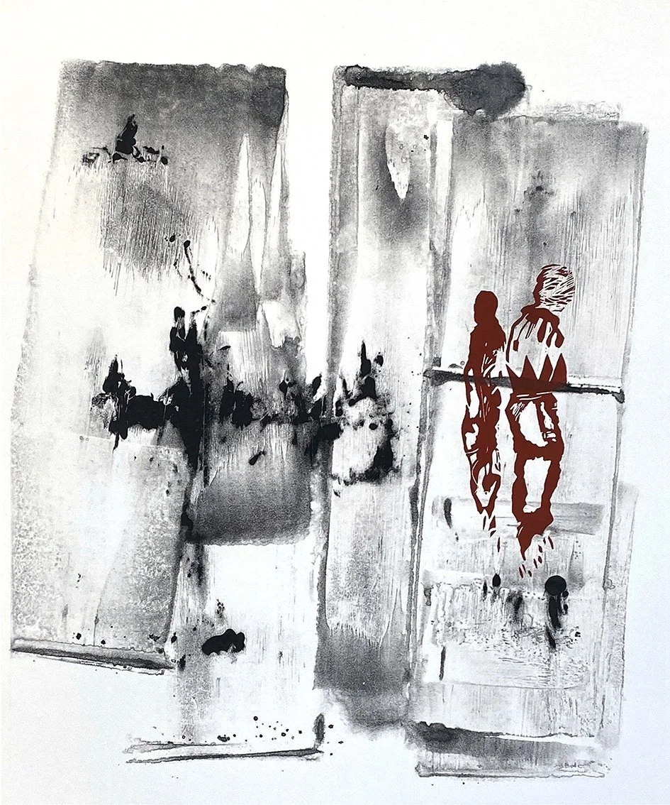 Echo Continuum: Echo Beneath, abstract figurative monotype and linocut work on paper with a red figure, tonal textures and suspended marks.