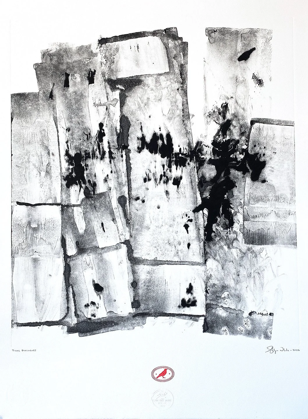 Abstract ink works with expressive black and red ink marks, layered textures and gestural mark making on a white ground.