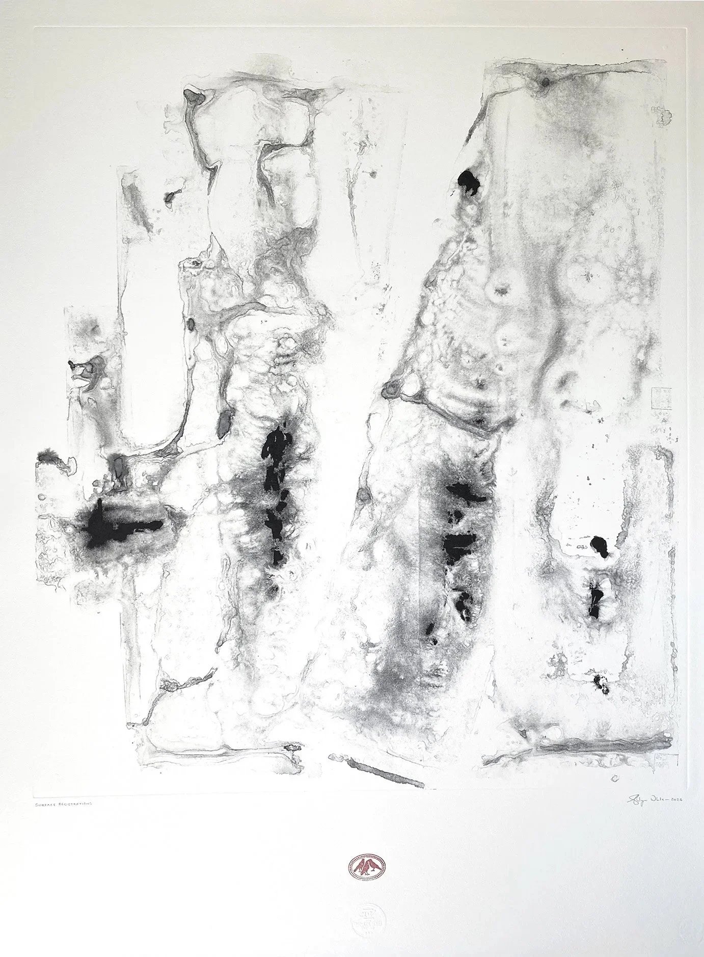 Abstract ink works with expressive black marks, layered textures and gestural mark-making on a white ground.
