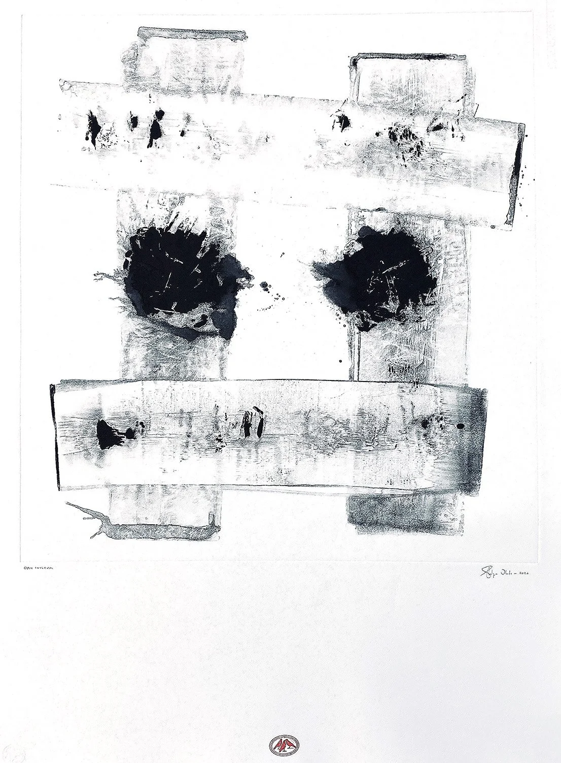 Abstract monotype work on paper from the Open Field series by Shui-Lyn White, with layered black and grey marks, horizontal bands and vertical graphite traces suggesting time, presence and suspension.
