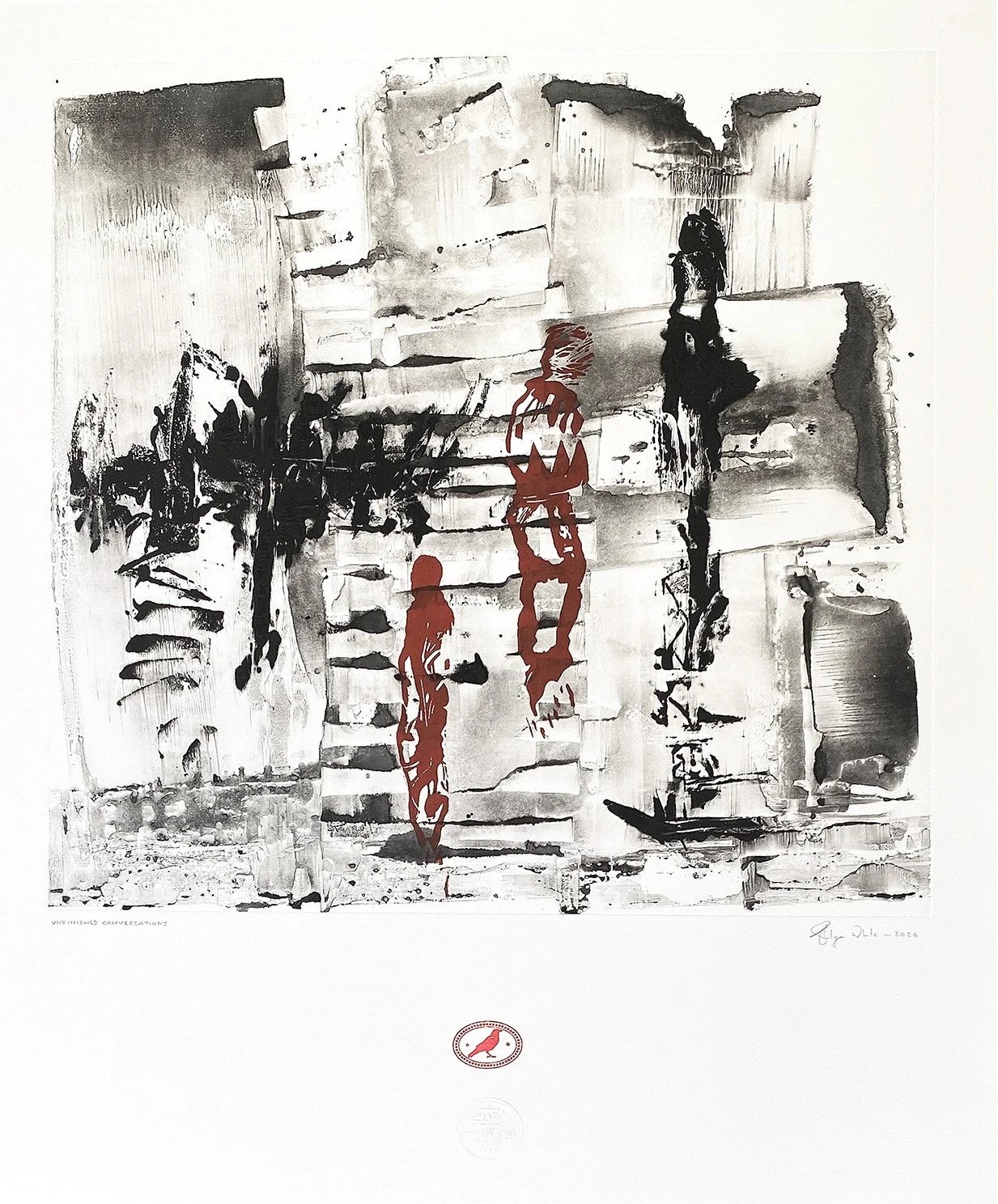 Abstract ink works with expressive black marks, layered textures and gestural mark-making on a white ground. 