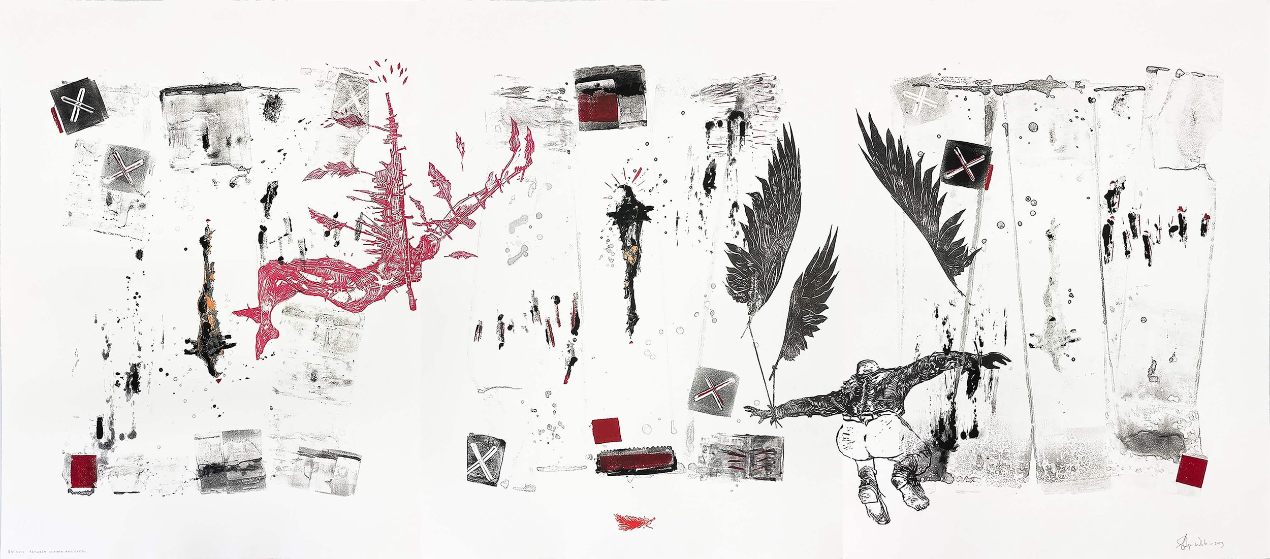 Abstract printmaking artwork with linocut winged figures, expressive black and red ink marks, layered textures and gestural mark making on a white ground.