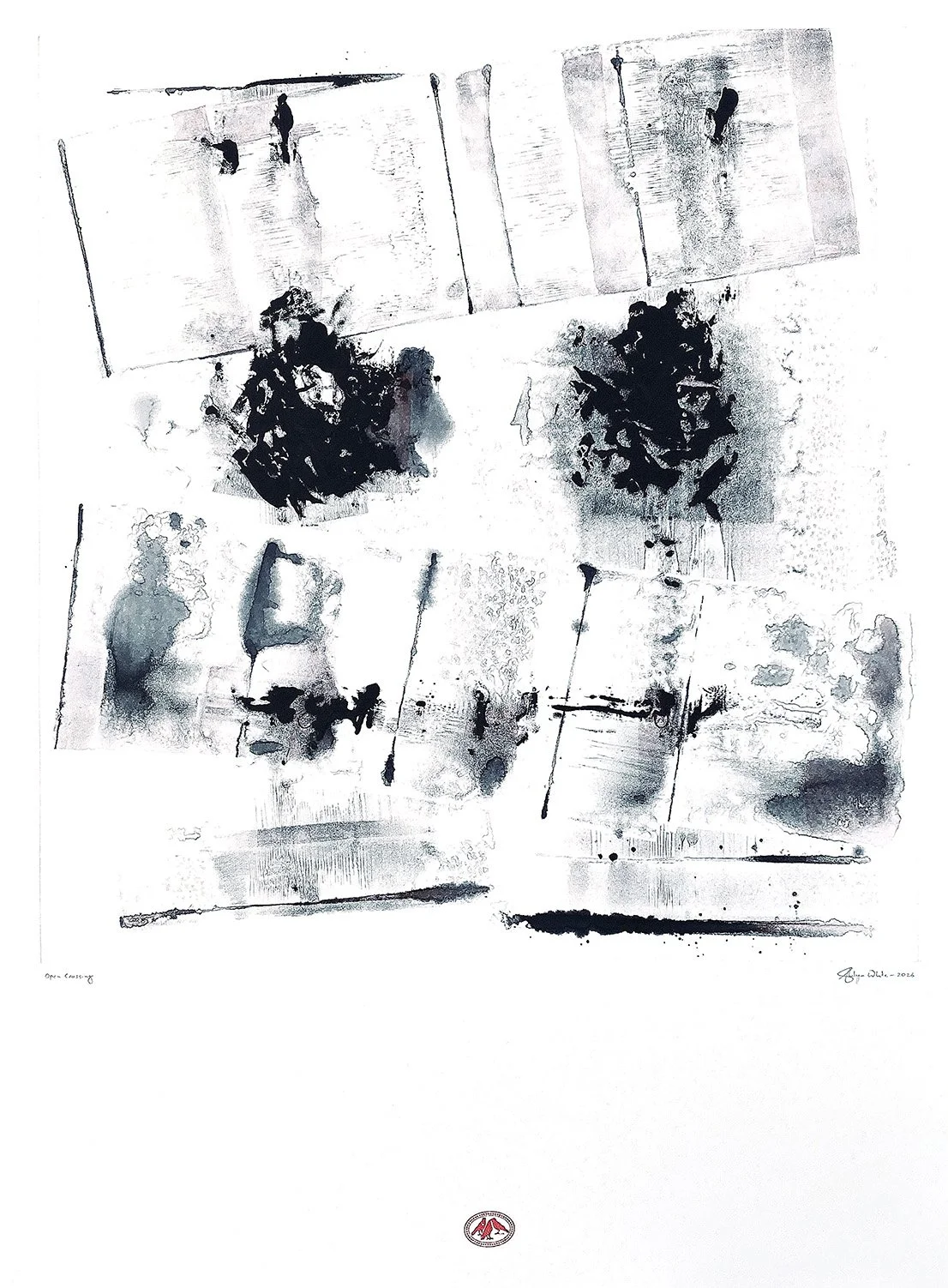 Abstract work on paper combining monotype, graphite and mixed media, with suspended marks and layered textures exploring time, presence and absence.