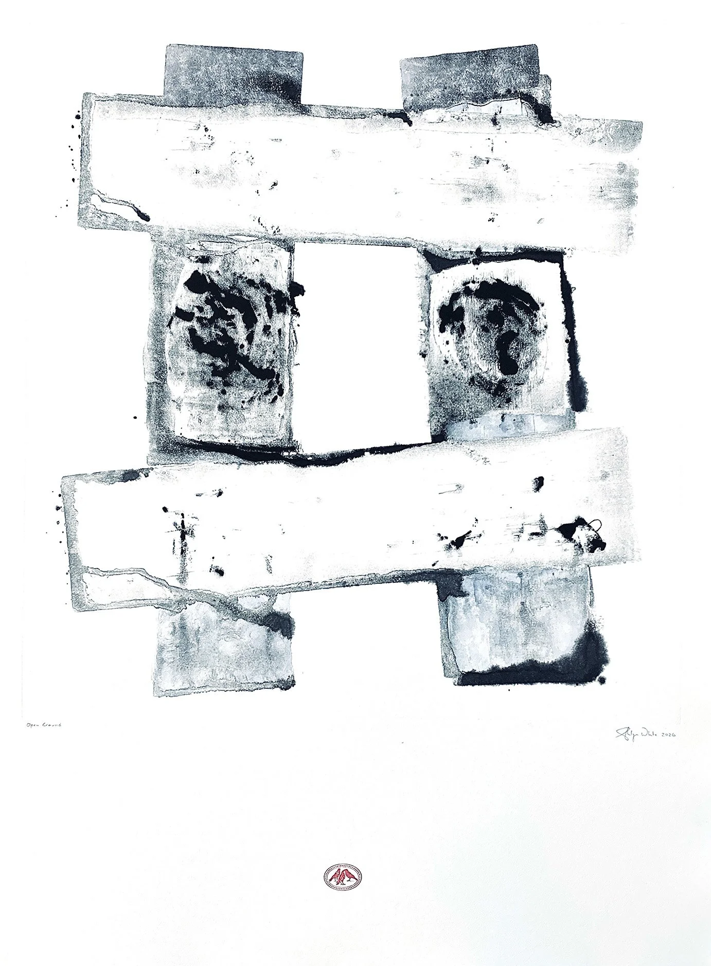 Abstract monotype work on paper from the Open Field series by Shui-Lyn White, with layered black and grey marks, horizontal bands and vertical graphite traces suggesting time, presence and suspension.