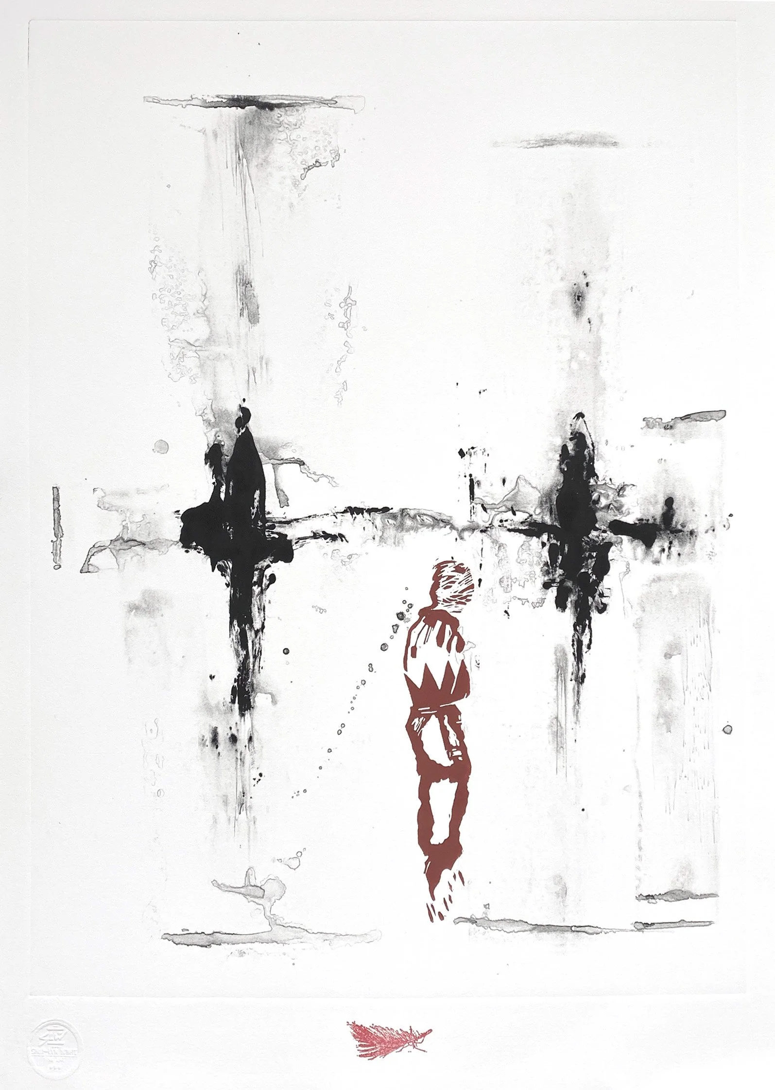 Abstract ink works with linocut figures, expressive black and red ink marks, layered textures and gestural mark making on a white ground.