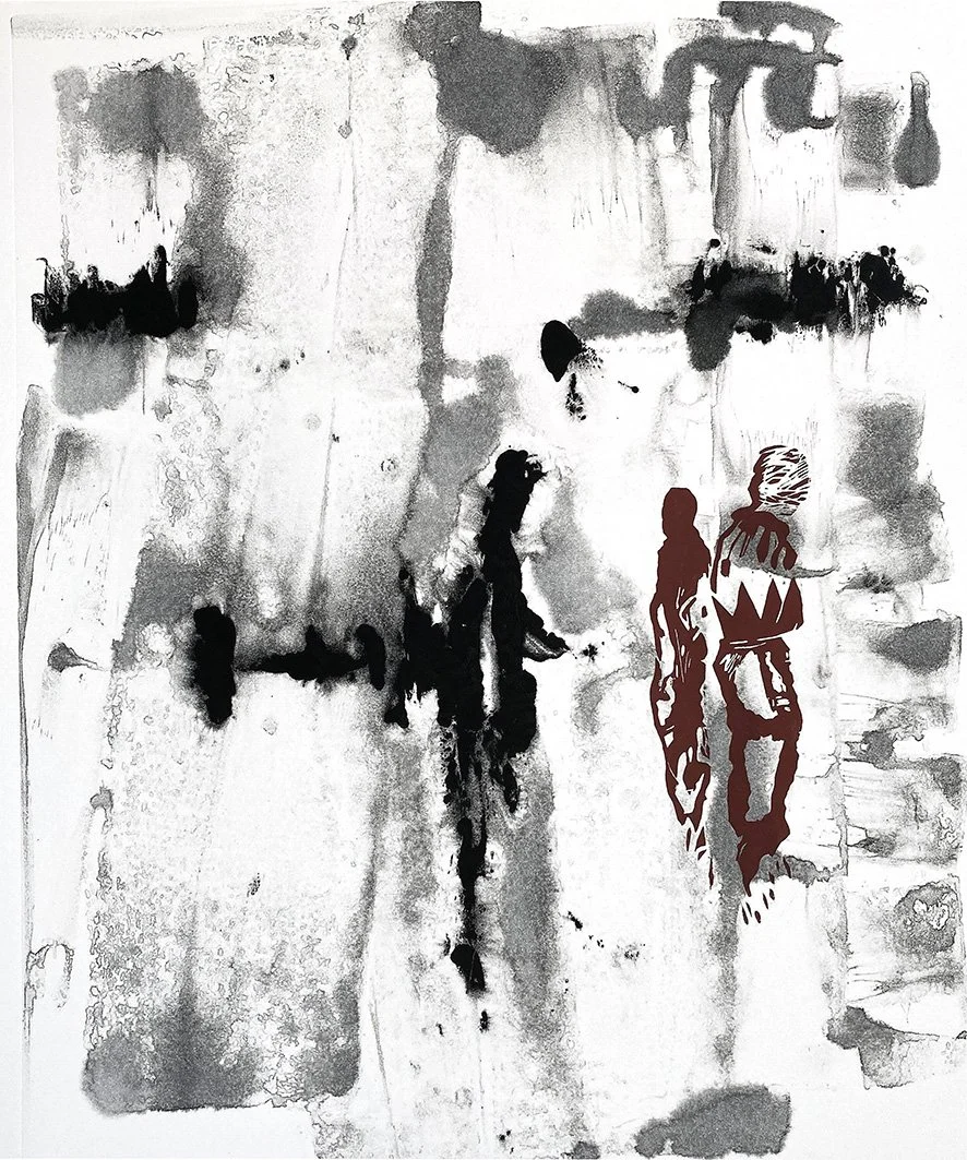 Echo Continuum: The Myth of Memory, abstract printmaking work with a red lino cut figure, atmospheric monotype textures and marks suggesting memory and time.