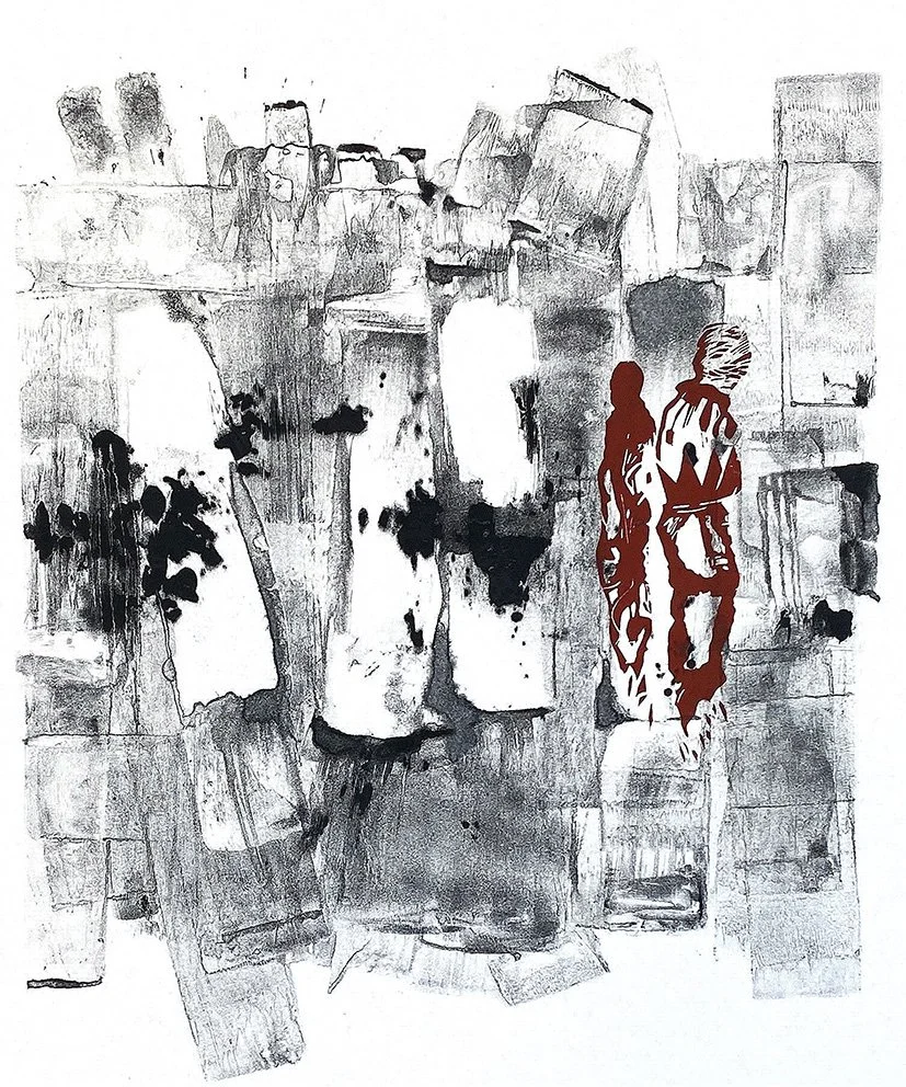 Echo Continuum: Openings in Time, monotype and linocut work on paper with red figurative forms, layered texture and abstract temporal space.