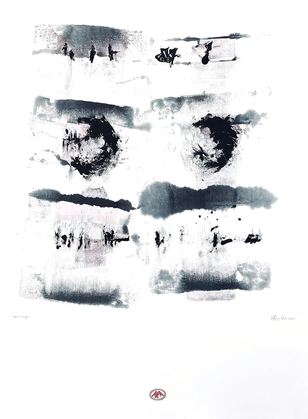 Open Field abstract monotype and graphite work on paper, with layered textures, quiet spacing and marks held in suspension.