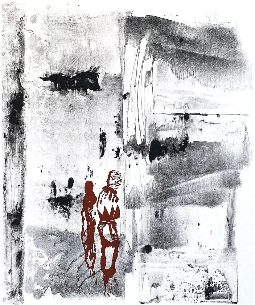 Echo Continuum: Quiet Interval, contemporary printmaking artwork featuring a red linocut figure within a quiet monotype field of memory and presence.