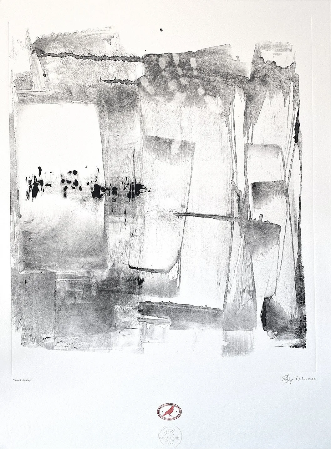 Abstract ink works with expressive black and red ink marks, layered textures and gestural mark making on a white ground. 