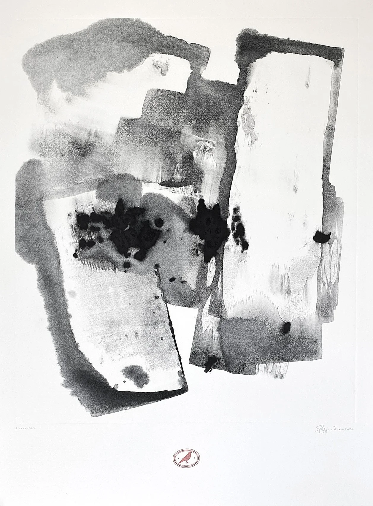 Abstract artwork with black, grey, and open spaces
