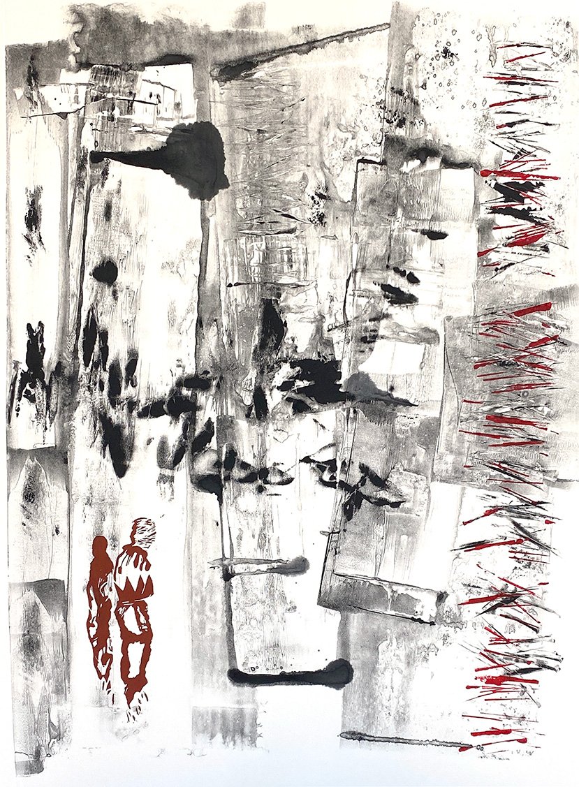 Echo Continuum: On time, presence and transience, contemporary printmaking artwork featuring a red linocut figure within a quiet monotype field of memory and presence.