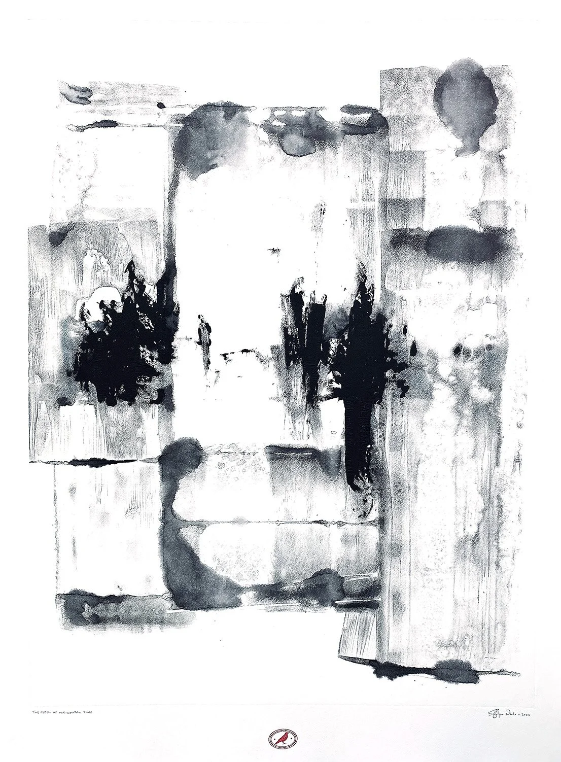 Contemporary abstract monotype from the Open Field series, with black, grey and white tonal fields, gestural mark making and vertical pressure lines.