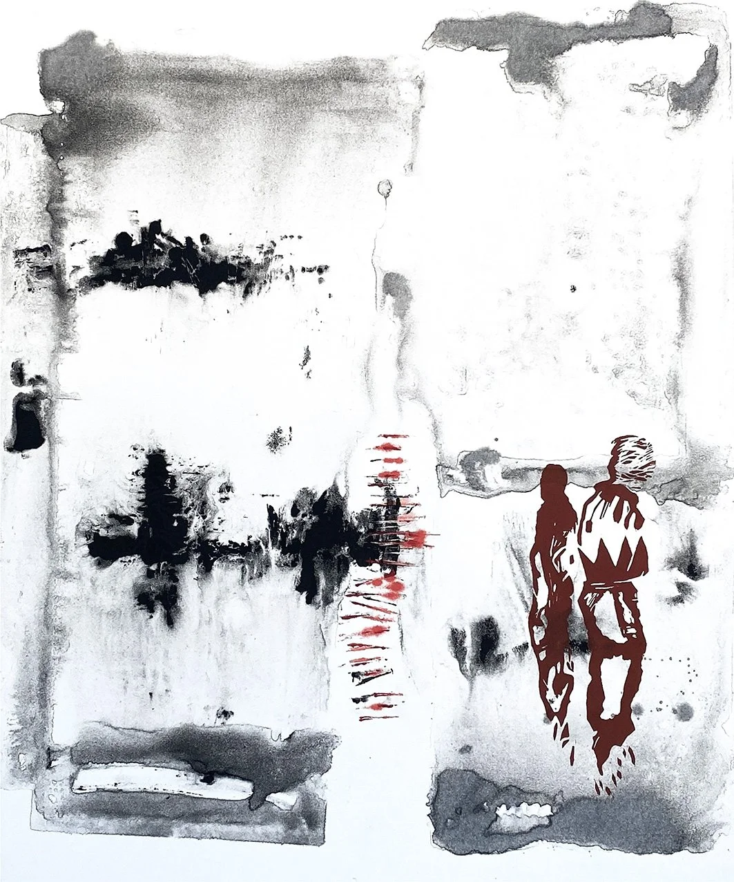 Echo Continuum: Marking Time, monotype and linocut work on paper by Shui-Lyn White, with a deep red figure held in a layered abstract field of time and mark making.
