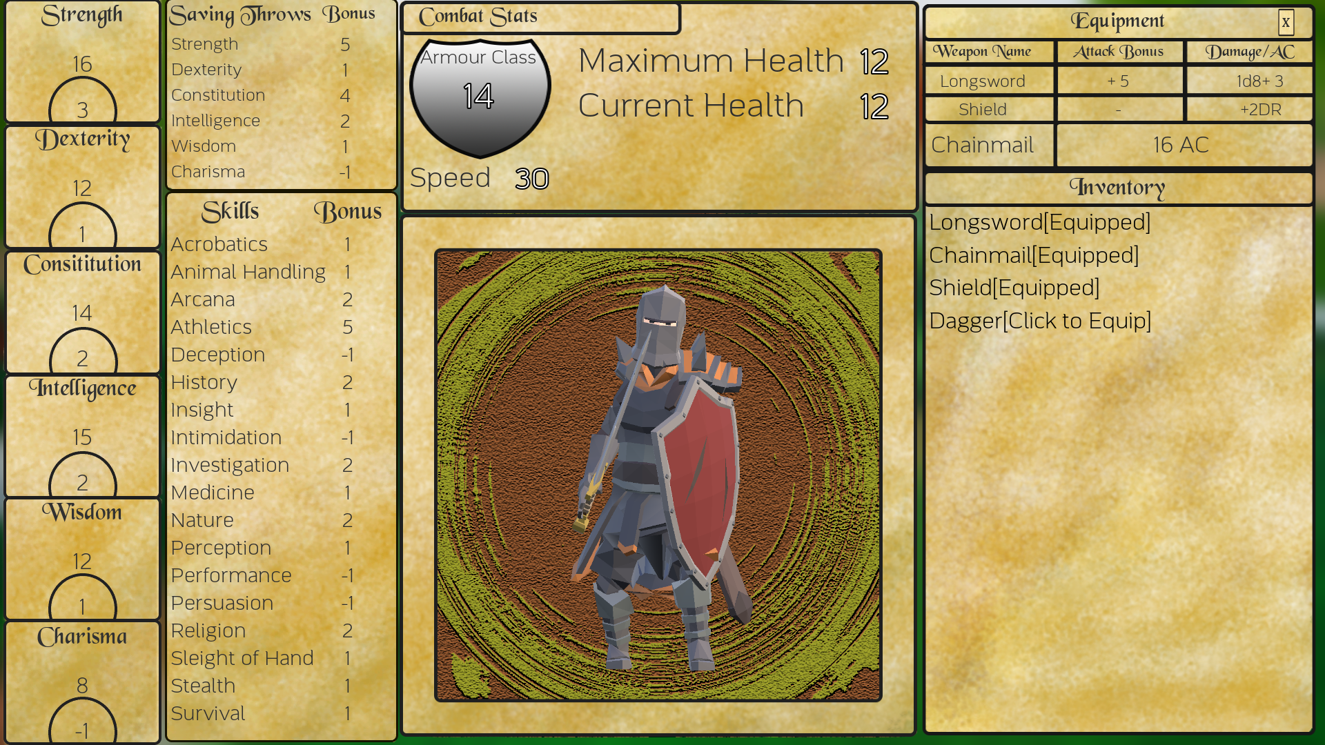 The character sheet and inventory for the player.