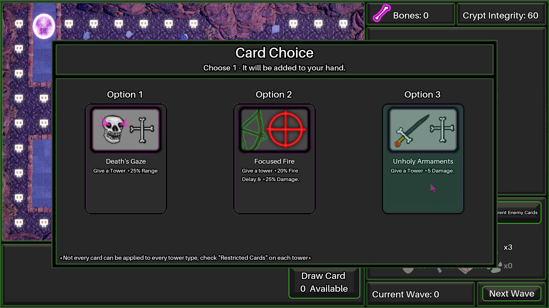 The player gets a card draw every 2 rounds. It deals 3 cards and the player must choose one.