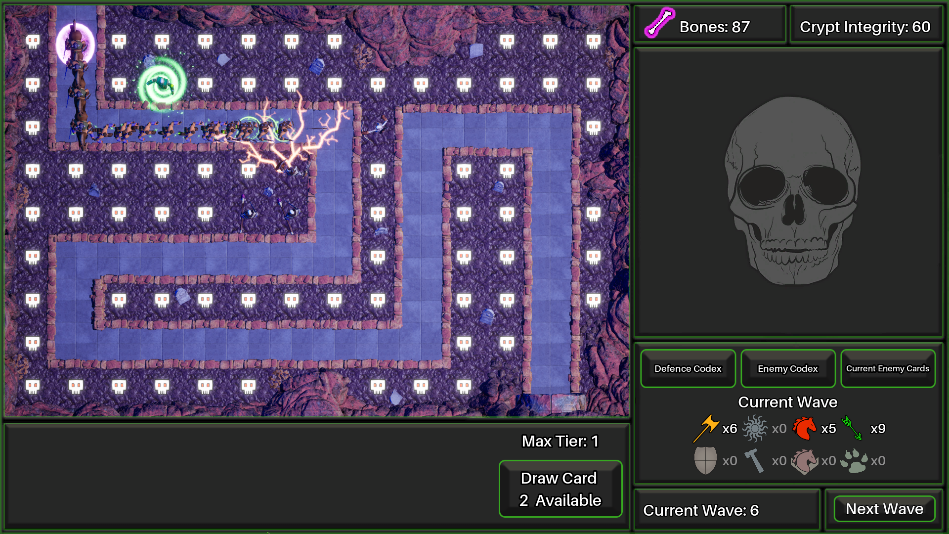 Enemies move down the path towards the crypt.