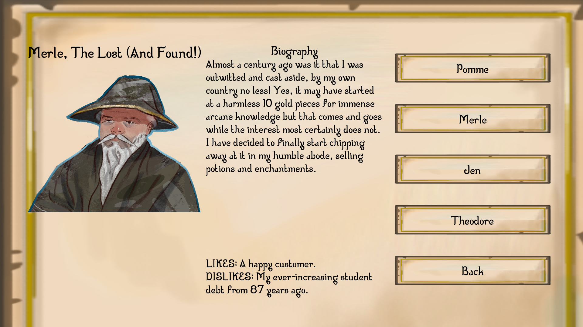 The main menu has a section for the player and client bios.