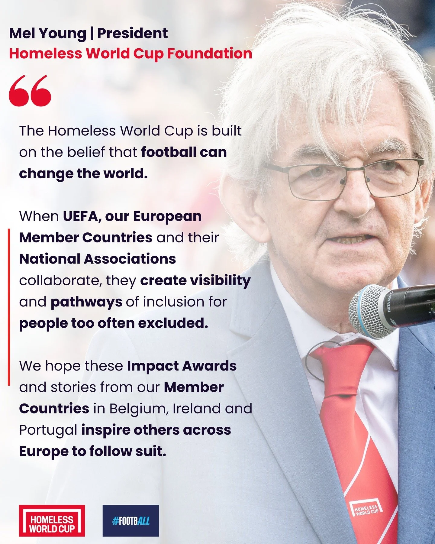 ⚽ On #WorldHomelessDay, we&rsquo;re celebrating the power of football to change lives.

UEFA and the Homeless World Cup Foundation have presented Impact Awards to three outstanding collaborations - in Belgium @royalbelgianfa, Ireland @faireland and P