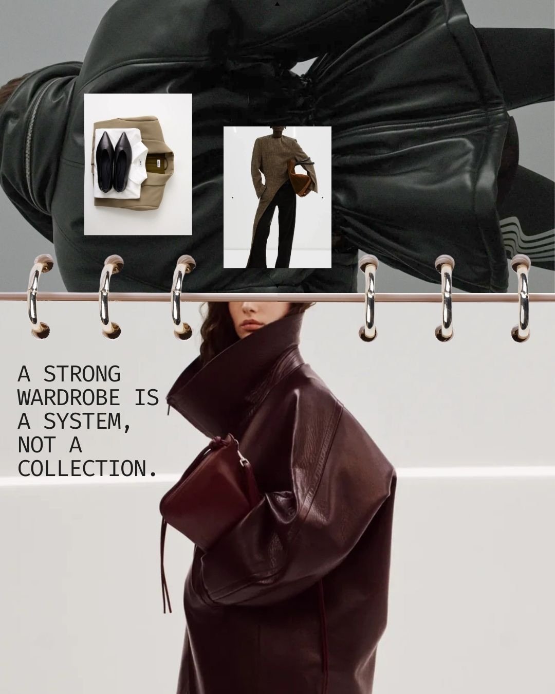 A strong wardrobe is a system, not a collection.

Identify your core uniform
(3&ndash;4 silhouettes you can wear on repeat).

If a piece doesn&rsquo;t strengthen the system,
it&rsquo;s noise &mdash; even if it&rsquo;s beautiful.

Buy only what connec