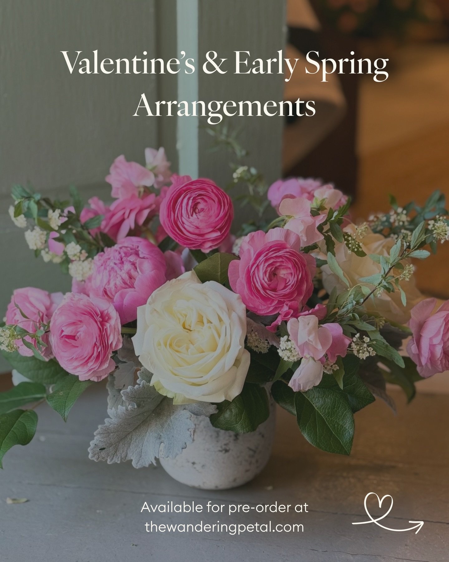 Valentine&rsquo;s and early spring arrangements are available for pre-order, thoughtfully designed with seasonal blooms in soft pinks and fresh spring tones. 🌷

How to order: pre-order at thewanderingpetal.com or call us at (757) 355-3594 by Feb 6th