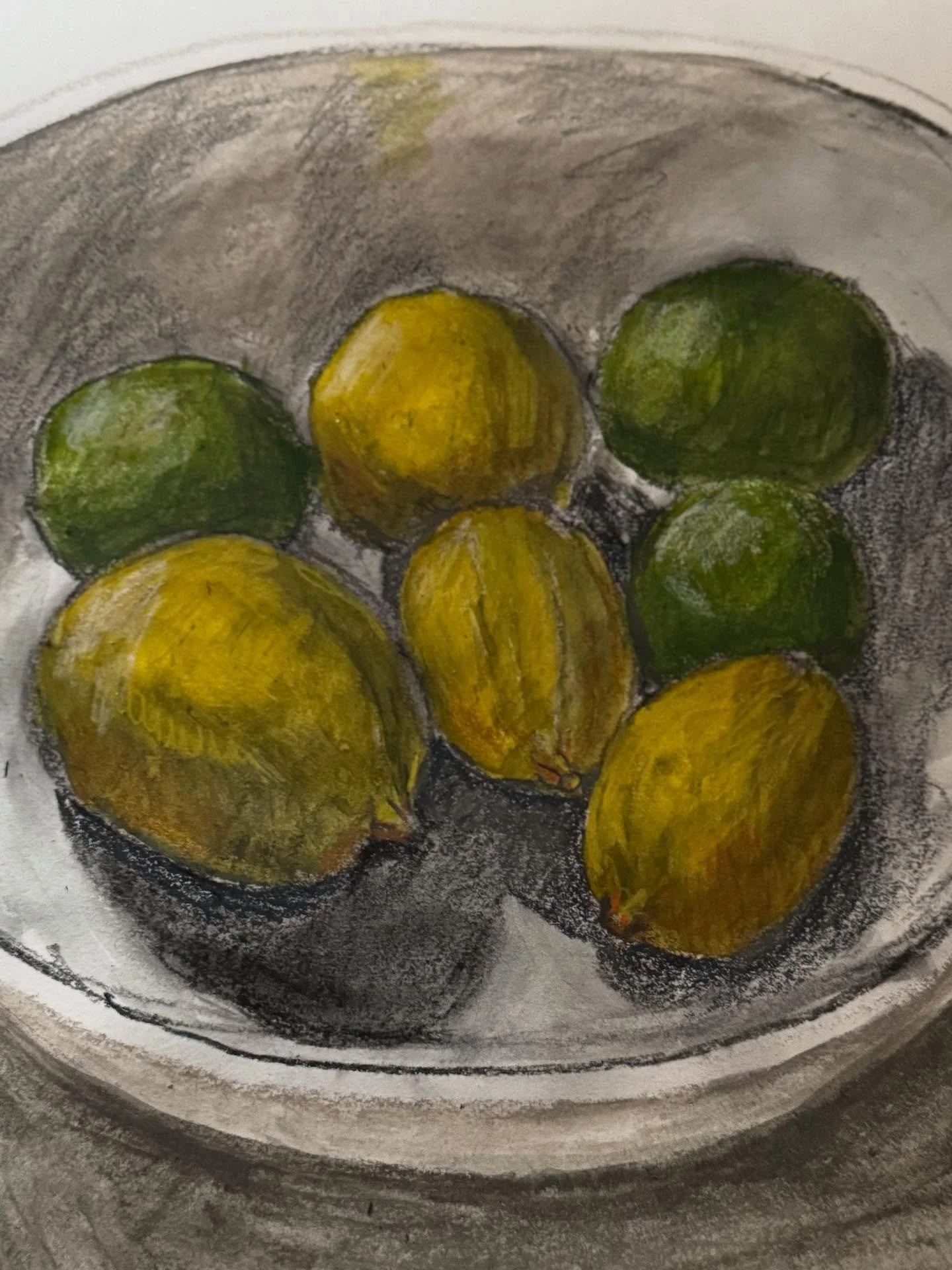The bowl is NOT well drawn and the fruit are as sad as they are irl but as a rough 50 mins sketch I enjoyed doing it! Tomorrow I may do more of the same sad bowl till I&rsquo;m happier. I like sad fruit 😉