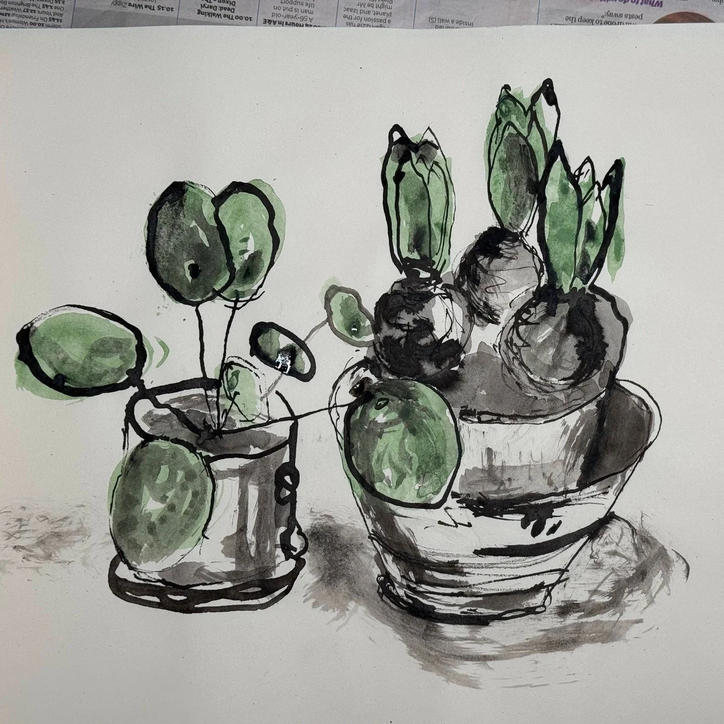 Days 15 - 17. Again not at all perfect (and apologies for bad photos / cropping). I really enjoyed Day 17, Drawing with Paint (the house plants on this batch) and am about to do another version as I see that Day 18 I rip them up and collage pieces. E