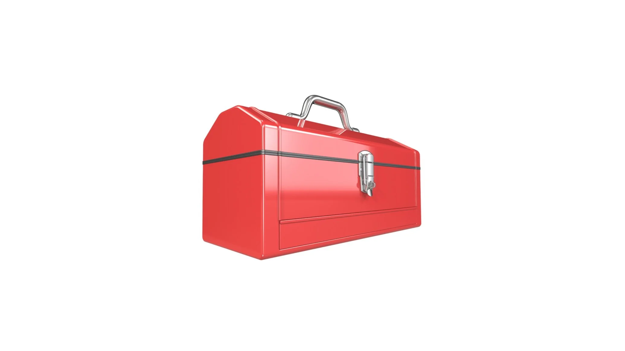 Red toolbox with a silver handle and latch, isolated on white background.