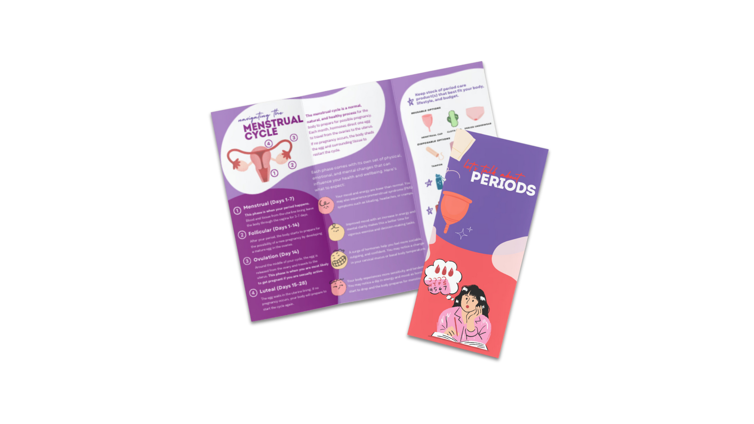 A pamphlet titled "Let talk about periods" featuring a cartoon illustration of a girl and menstrual products, with an informational flyer behind it explaining the menstrual cycle.