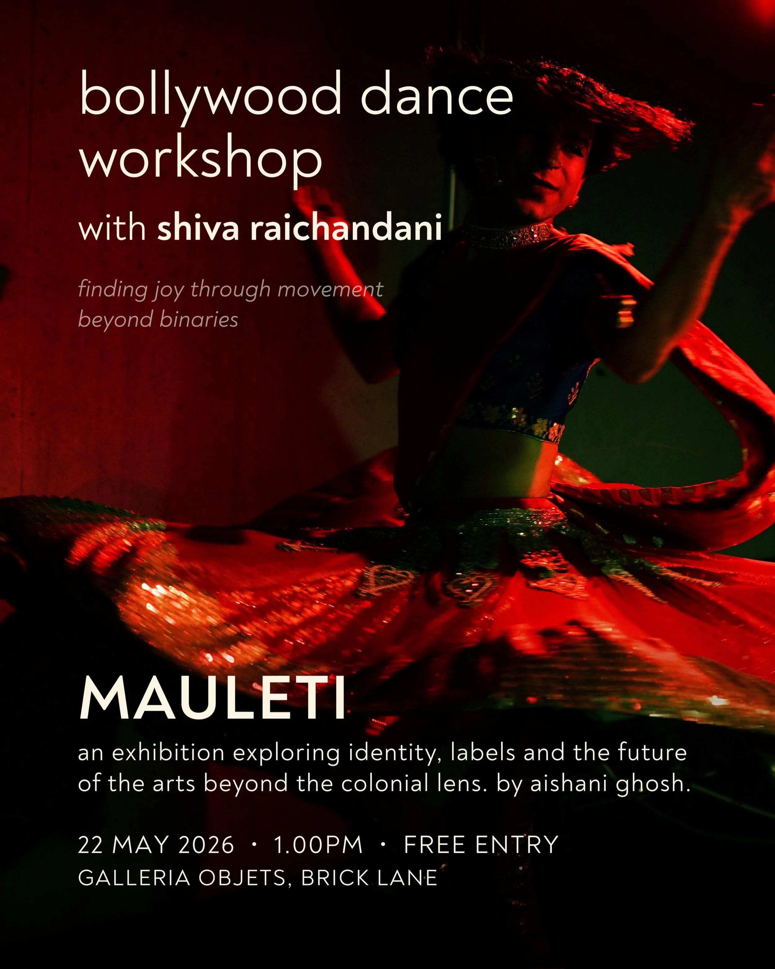 FREE DANCE WORKSHOP! 💃🏽

Join me for a classic bollywood dance workshop that brings together iconic moves and cheeky political commentary! Registration required! 🫶🏼

Friday, 22 May 2026, 1pm, at Galleria Objets in Brick Lane.

This is part of a w