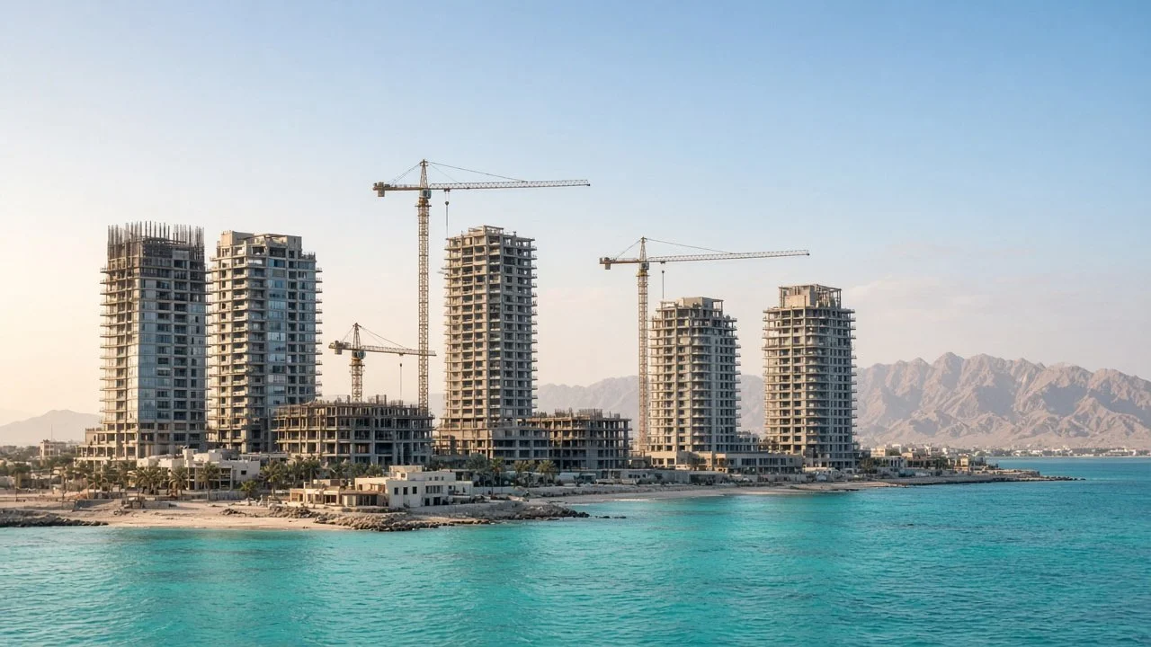 Tower cranes above residential towers under construction on the Ras Al Khaimah coast, illustrating how to check a RAK off-plan project before you pay.