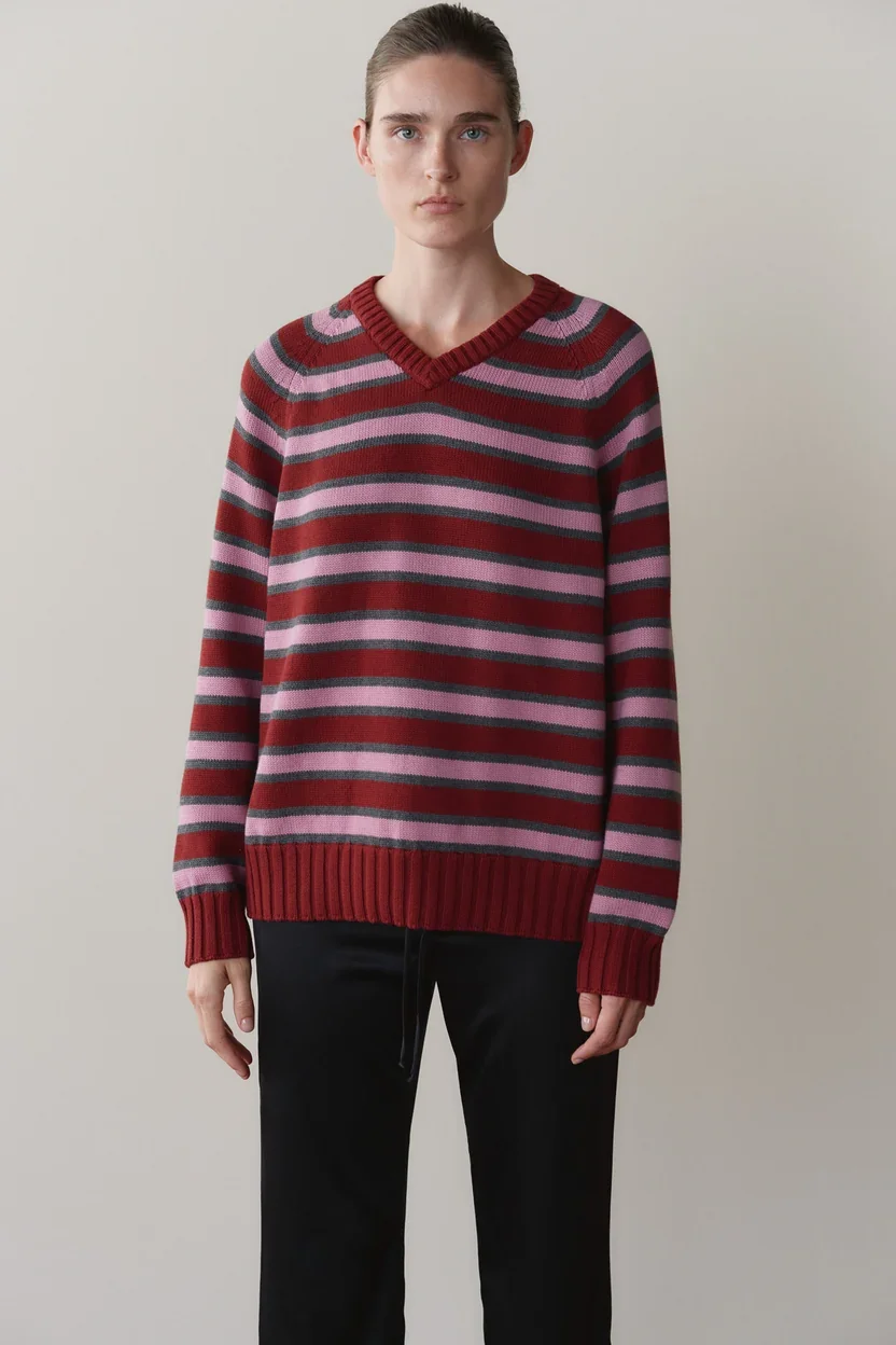 TheCottonKnitStripeV-NeckSweater_Oxblood-Roz-Charcoal_004.webp