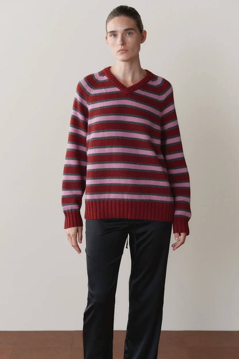 TheCottonKnitStripeV-NeckSweater_Oxblood-Roz-Charcoal_003.webp