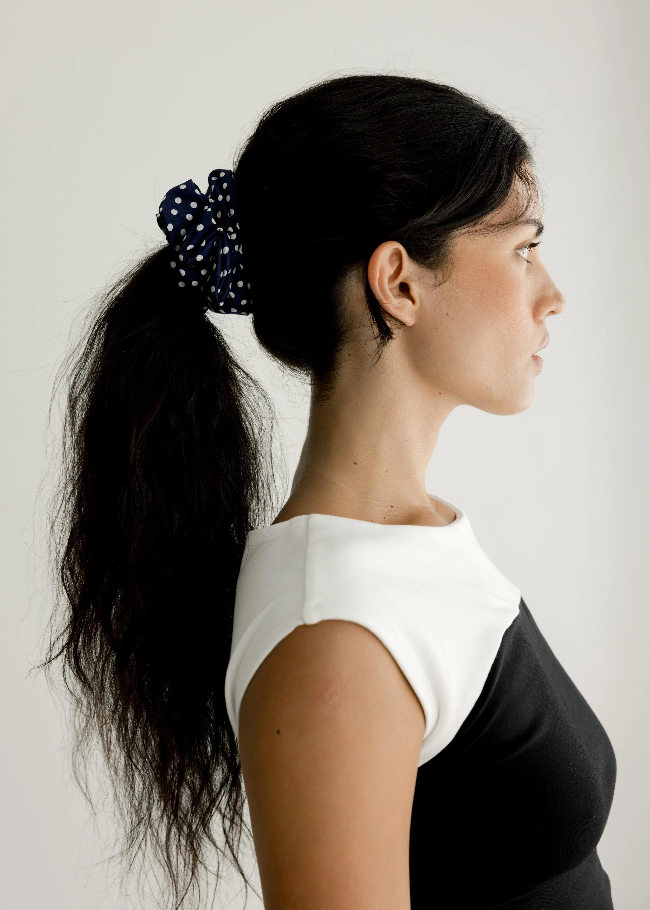 Oversized Cotton Scrunchie - Navy Polkadot 1.jpg