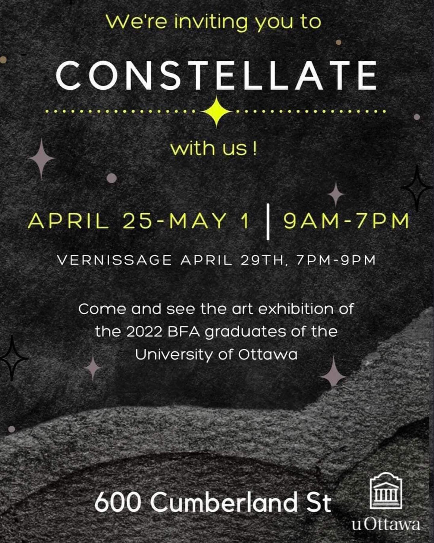 ✨It&rsquo;s almost here!! ✨

Only 10 days left til our graduating exhibition &ldquo;Constellate&rdquo; opens! It&rsquo;ll run from April 25-May 1, with the Vernissage on April 29. Make sure you don&rsquo;t miss it! 

&bull; &bull; &bull;
#art #arists