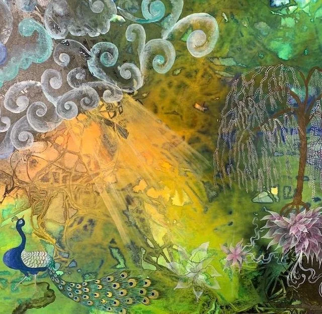 Celestial Gardens of Paradise II, watercolor on wasli
