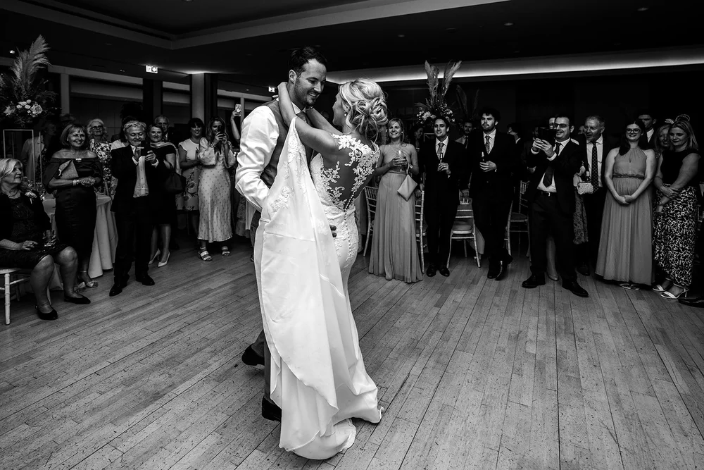 Black and white photograph of Mike and Katie&rsquo;s first dance