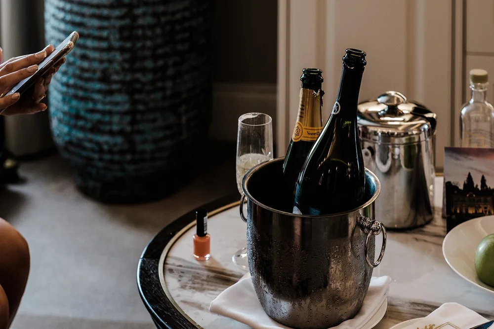 Champagne on ice in the suite at Grantley Hall before the wedding