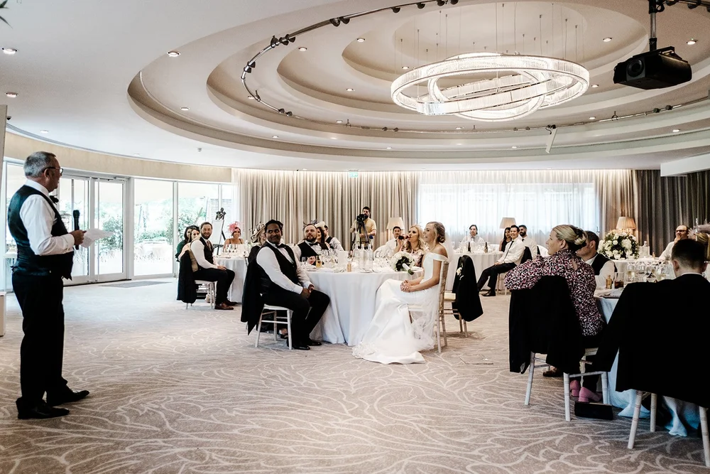 The reception room at Grantley Hall with its circular ceiling light during the speeches