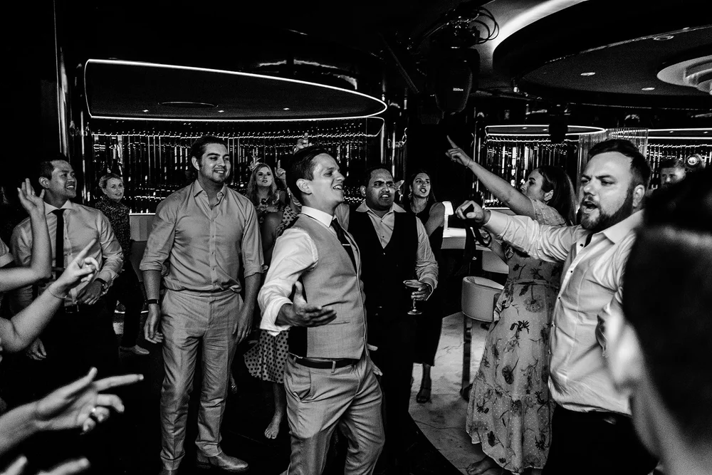 Black and white photograph of the dance floor in the basement nightclub at Grantley Hall
